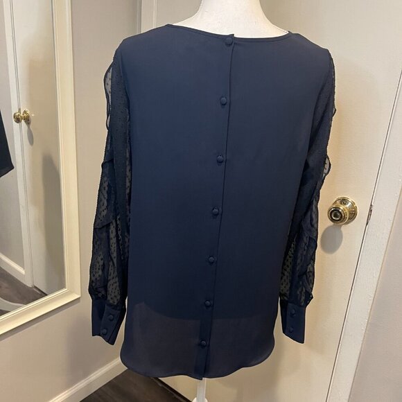 Express Navy Sheer Ruffled Polka Dot Sleeve Blouse, Size Medium - Picture 12 of 16